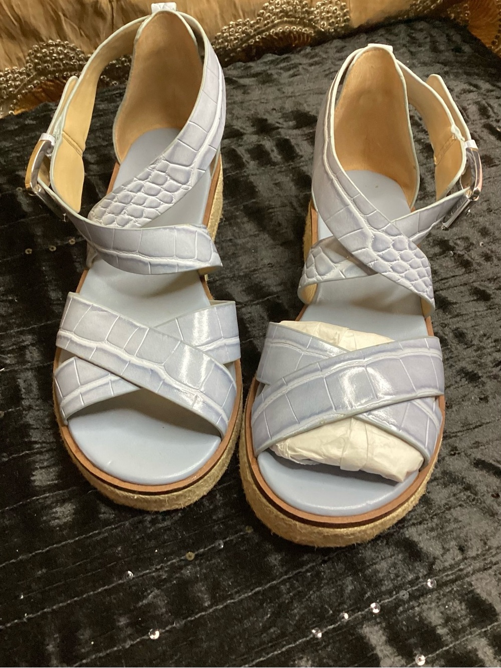 NWOT Michael Kors Abbott Pale Blue Croc-Embossed Platform Sandals 7.5